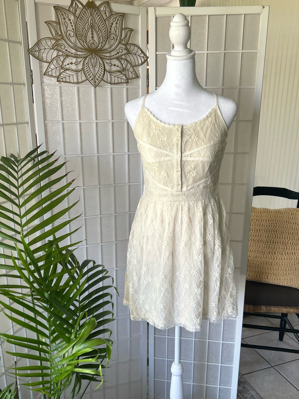 Just Me Cream Lace Spaghetti-Strap Mini Dress